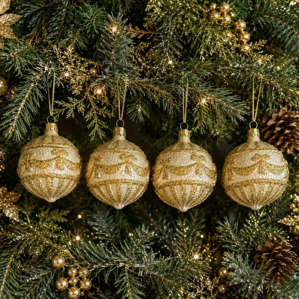 Pier 1 Set of 9 Glass Christmas Ornament Set Gold Glitter Balls Conch Shells